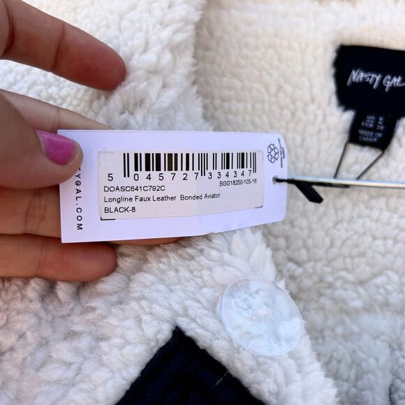 New Nasty Gal Longline Faux Leather Aviator Coat Jacket Black 4 Shearling - Picture 11 of 13
